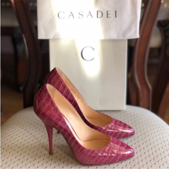 Casadei Wine Croc-Patterned Heels
